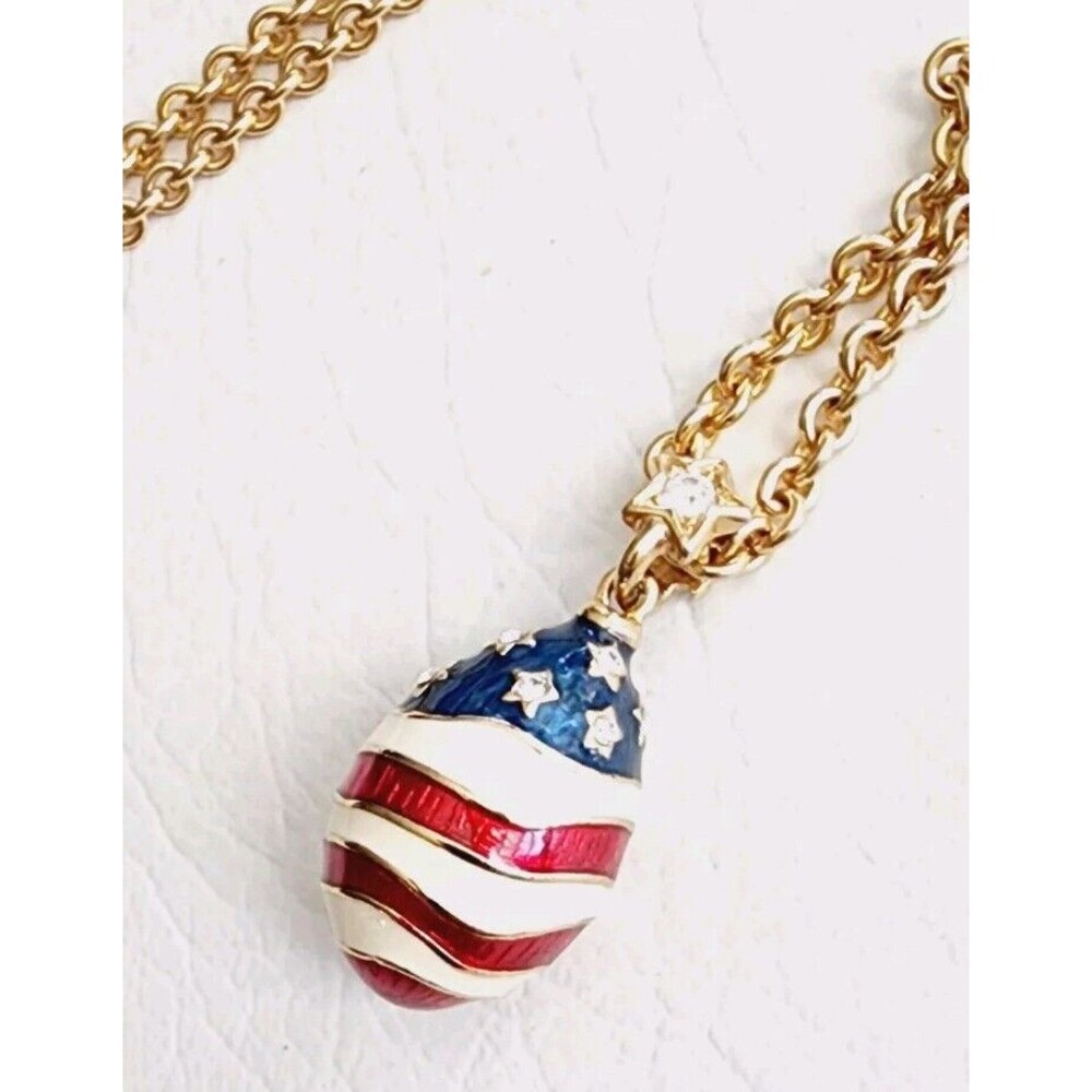 Joan Rivers Gold Tone Enamel USA Flag Patriotic Egg Pendant Necklace 32" - Picture 1 of 7
